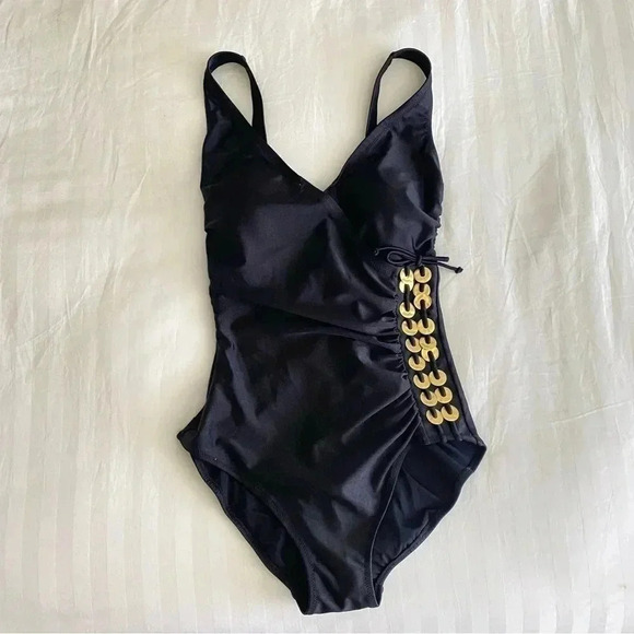 Gottex Golden Touch Surplice Tank Swimsuit Black Size 10 - Picture 2 of 14
